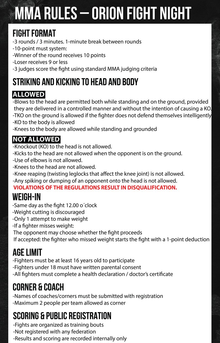 MMA rules for Orion Fight Night in English. Fight format, allowed and prohibited techniques, weigh-in, age limit, corner and coach.